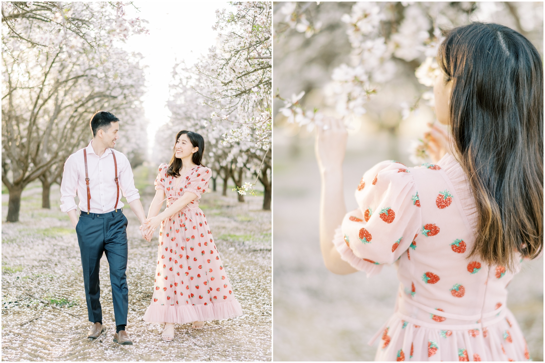 dreamy almond orchard engagement photos with petals with california photographer, sakura cherry blossom japan inspired engagement photos